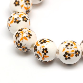 Handmade Flower Printed Porcelain Ceramic Beads Strands, Round, Orange, 10mm, Hole: 2mm, about 35pcs/strand, 13.5 inch