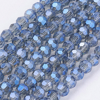 Faceted(32 Facets) Round Electroplate Glass Beads Strands, Blue, about 3mm in diameter, hole: 1mm