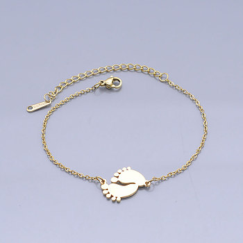 201 Stainless Steel Link Bracelets, with Lobster Claw Clasps, Baby Feet, Golden, 6-3/4 inch(17~17.25cm)