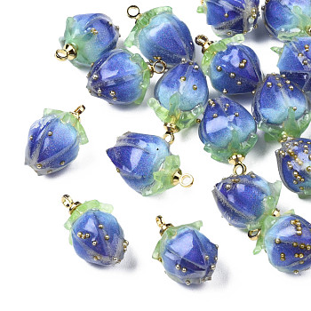 Handmade Epoxy Resin Flower Pendants, with Brass Peg Bails and Glass Micro Beads, Bud, Golden, Medium Purple, 14~15x9~10x9~10mm, Hole: 1.2mm