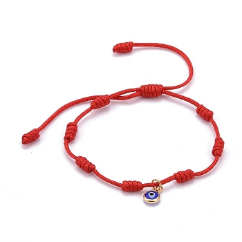 Adjustable Nylon Thread Charm Bracelets, Lampwork Flat Round with Evil Eye, Red, Inner Diameter: 1-3/4~3-5/8 inch(4.6~9.2cm)