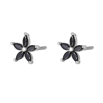 Cubic Zirconia Flower Stud Earrings, Silver 925 Sterling Silver Post Earrings, Black, 7.2mm