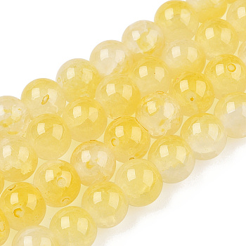 Crackle Baking Painted Imitation Jade Glass Beads Strands, Two Tone, Round, Yellow, 10mm, Hole: 1.4mm, about 80pcs/strand, 30.87''(78.4cm)