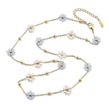 Glass and ABS Plastic Flower Link Chain Necklaces, 316 Surgical Stainless Steel Jewelry for Women, Real 18K Gold Plated, Light Blue, 21.97 inch(55.8cm)