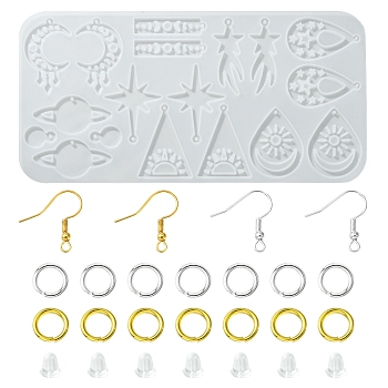 1Pc Star & Planet & Teardrop Pendant Silicone Molds, Resin Casting Molds, with 40Pcs Iron Earring Hooks & 80Pcs Jump Rings, White, 263x130x5mm, Hole: 2mm, Inner Diameter: 24~57x16~40mm