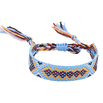 Polyester-cotton Braided Rhombus Pattern Cord Bracelet, Ethnic Tribal Adjustable Brazilian Bracelet for Women, Sky Blue, 5-7/8~11 inch(15~28cm)