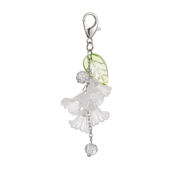 2Pcs Acrylic Flower Pendant Decoration, with Glass Beads and Zinc Alloy Lobster Claw Clasps, WhiteSmoke, 70mm