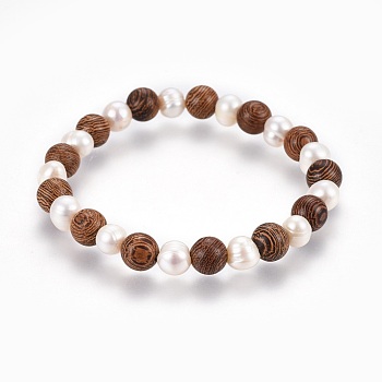Natural Pearl Stretch Bracelets, with Sandalwood Beads, Saddle Brown, 2-1/4 inch(5.7cm)