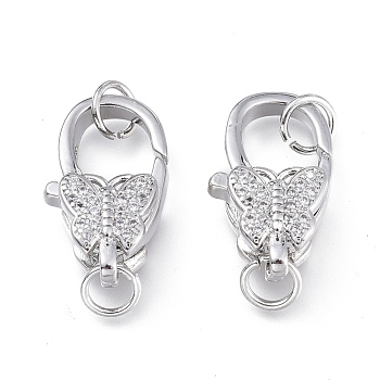 Brass Micro Pave Clear Cubic Zirconia Lobster Claw Clasps, with Jump Rings, Long-Lasting Plated, Butterfly, Platinum, 16x9.5x6mm, Hole: 3.5mm