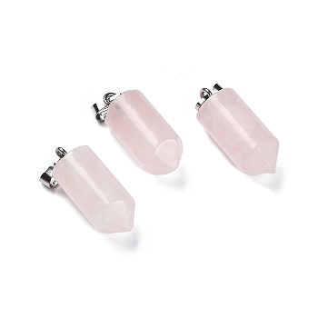 Natural Rose Quartz Pointed Pendants, Bullet charms with Stainless Steel Color Plated 201 Stainless Steel Snap on Bails, 26x10.5mm, Hole: 7x3.5mm