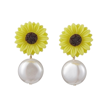 Natural Pearl & Resin Sunflower Stud Earrings, with 304 Stainless Steel Pins, Yellow, 29x16.5mm
