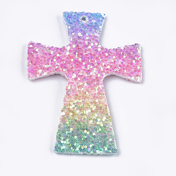PU Leather Big Pendants, with Sequins, Cross, Colorful, 58x39.5x2mm, Hole: 2mm