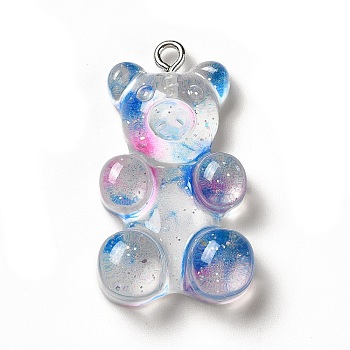 Translucent Resin Pendants, Glitter Bear Charms, with Platinum Tone Iron Loops, Blue, 32x19x8.5mm, Hole: 2mm