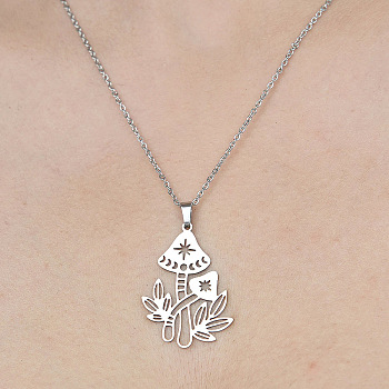 201 Stainless Steel Hollow Mushroom Pendant Necklace, Stainless Steel Color, 17.72 inch(45cm)