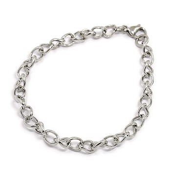 Fashionable 304 Stainless Steel Side Twisted Chain Bracelets, with Lobster Claw Clasps, Stainless Steel Color, 7/8 inch(22cm)