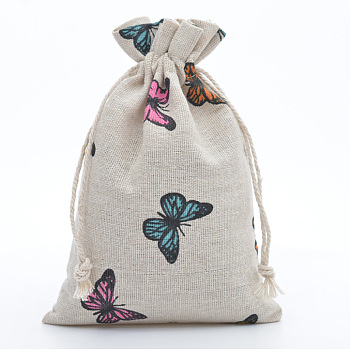 Linenette Drawstring Bags, Rectangle, Butterfly Pattern, 18x13cm