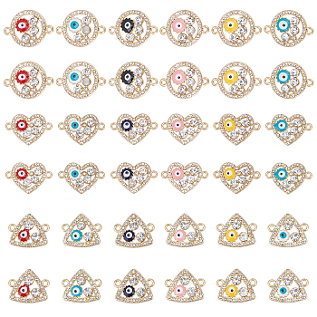 PandaHall Elite 36Pcs 18 Style Rack Plating Light Gold Alloy Enamel Links Connectors, with Crystal Rhinestone, Cadmium Free & Nickel Free & Lead Free, Triangle & Flat Round & Heart, Mixed Color, 15~23x17~23.5x3~3.5mm, Hole: 1.6mm, 2pcs/style