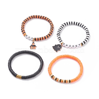 4 pièces 4 style polymère argile heishi surfeur bracelets extensibles ensemble avec mot spooky boo perles acryliques(BJEW-TA00127)-4
