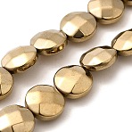 Electroplated Synthetic Non-magnetic Hematite Beads Strands, Double Side Faceted, Flat Round, Golden Plated, 10x4.5mm, Hole: 0.8mm, about 41pcs/strand, 15.94''(40.5cm)(G-L368-15B-02)