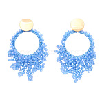 Flat Round Brass Glass Bead Dangle Stud Earrings, Golden, Cornflower Blue, 97x50mm(FS-WG04037-01)