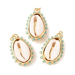 Natural Cowrie Shell Pendants, with Brass Sky Blue Enamel, Shell Shape Charms, Cadmium Free & Lead Free, Rack Plating, Long-Lasting Plated, with Jump Rings, Floral White, Real 18K Gold Plated, 28~28.5x18x8mm, Hole: 3mm(KK-C143-40A-G)