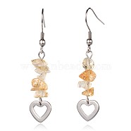 Heart Natural Citrine Dangle Earrings, with 304 Stainless Steel Earring Hooks, 52mm, Pin: 0.6mm(EJEW-JE01886-03)