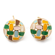 Real 18K Gold Plated Brass Flat Round Stud Earrings with Enamel, Cadmium Free & Lead Free, Long-Lasting Plated, Colorful, 13mm(KK-C026-12G)