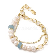 Natural Aquamarine & Pearl Beaded Bracelets, with Brass Chains, Real 14K Gold Plated, 5-7/8 inch(15cm)(BJEW-C051-49G)