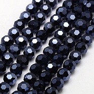 Full Plated Faceted Round Electroplate Glass Strand Beads, Hematite Plated, 4mm, Hole: 1mm, about 98pcs/strand, 13.7 inch(X-EGLA-J042-4mm-F01)