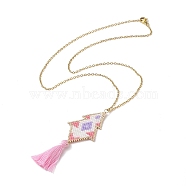 Rhombus Handmade Loom Pattern Glass Seed Pendants Necklaces with Tassel, 304 Stainless Steel Cable Chain Necklaces for Women, Pink, 17.76 inch(45.1cm), 1.5mm(NJEW-MZ00012)