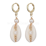 Natural Shell & Pearl Dangle Leverback Earrings, Brass Wire Wrap Drop Earrings, Real 18K Gold Plated, 45x14mm(EJEW-JE05434)