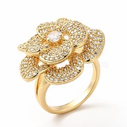 Cubic Zirconia Flower Finger Ring, Real 18K Gold Plated Brass Jewelry for Women, Cadmium Free & Lead Free, Clear, Inner Diameter: 18mm(RJEW-G281-02G)