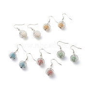 Natural Lava Rock Essential Oil Diffuser Dangle Earrings, Platinum Plated Brass Wire Wrap Round Cage Drop Earrings for Women, Mixed Color, 34.5mm, Pin: 0.8mm(EJEW-JE05021)