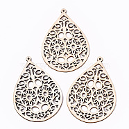 Undyed Natural Hollow Wooden Big Pendants, Laser Cut Shapes, Teardrop with Flower, Antique White, 72.5x50.5x2mm, Hole: 1.6mm(X-WOOD-N007-111)