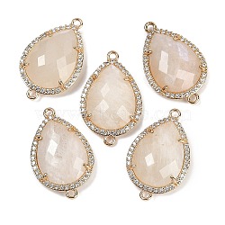 Natural Moonstone Faceted Teardrop Links, Rack Plating Brass Micro Pave Clear Cubic Zirconia Connector Charms, Golden, 26x16.5x6mm, Hole: 1.6mm and 1.4mm(G-B126-03G-06)