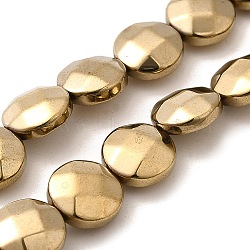 Electroplated Synthetic Non-magnetic Hematite Beads Strands, Double Side Faceted, Flat Round, Golden Plated, 10x4.5mm, Hole: 0.8mm, about 41pcs/strand, 15.94''(40.5cm)(G-L368-15B-02)