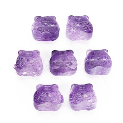 Two Tone Transparent Spray Painted Glass Beads, Chinese Zodiac Signs Tiger, Dark Violet, 11.5x12x8mm, Hole: 1mm(GLAA-T022-22-C01)
