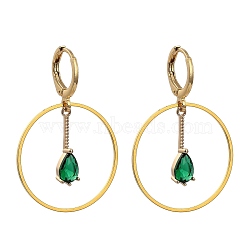 Brass Huggie Hoop Earring, with Transparent Glass Pendants, Teardrop, Golden, Sea Green, 37mm, Pin: 0.8mm(EJEW-JE04262-01)
