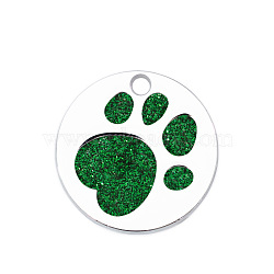 Enamel Pendants, with Platinum Plated Alloy Findings and Glitter Powder, Flat Round with Dog Paw Prints, Green, 25x1.7mm, Hole: 2.6mm(ENAM-CJC0001-05H)