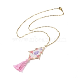 Rhombus Handmade Loom Pattern Glass Seed Pendants Necklaces with Tassel, 304 Stainless Steel Cable Chain Necklaces for Women, Pink, 17.76 inch(45.1cm), 1.5mm(NJEW-MZ00012)