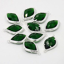Silver Color Plated Brass Glass Links connectors, Faceted Rhombus, Green, 22x14x6mm, Hole: 1mm(GLAA-J031-07S)