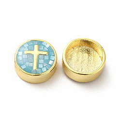 Rack Plating Brass Enamel Beads, with Shell Chips, Long-lasting Plated, Cadmium Free & Lead Free,Flat Round with Cross, Golden, Aqua, 11x4.5mm, Hole: 1.8mm(ENAM-D044-04G-05)