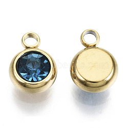 Vacuum Plating 201 Stainless Steel Rhinestone Charms, Birthstone Charms, Flat Round, Real 18K Gold Plated, Sapphire, 8.5x6x3mm, Hole: 1.5mm(X-STAS-S068-09G)