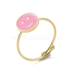 Ion Plating(IP) Flat Round with Smiling Face 304 Stainless Steel Enamel Ring, Nickel Free, 316 Surgical Stainless Steel Open Cuff Ring for Women, Real 18K Gold Plated, Pearl Pink, Adjustable(RJEW-A038-12G-02)