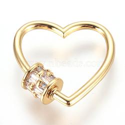 Brass Micro Pave Cubic Zirconia Screw Carabiner Lock Charms, for Necklaces Making, Heart, Clear, Golden, 23x23x2~5.5mm(ZIRC-F105-17G)