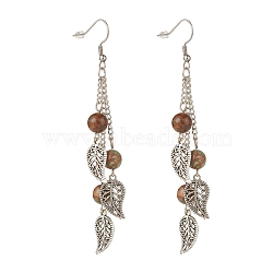 Natural Quartzose Jade Bead Dangle Earrings, Leaf Alloy Chandelier Earrings, 94~96mm, Pin: 0.6mm(EJEW-JE04823-01)