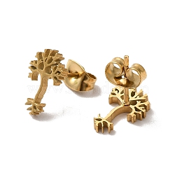304 Stainless Steel Stud Earrings for Women, Golden, Tree, 11x8x1.3mm, Pin: 0.7mm(EJEW-D053-01G-03)