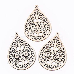 Undyed Natural Hollow Wooden Big Pendants, Laser Cut Shapes, Teardrop with Flower, Antique White, 72.5x50.5x2mm, Hole: 1.6mm(X-WOOD-N007-111)