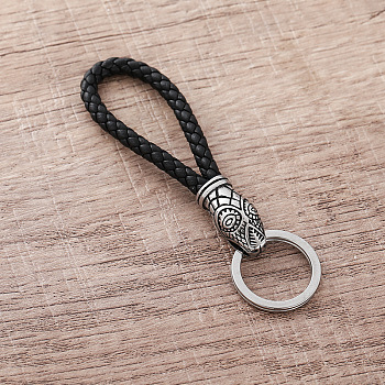 Snake Viking 304 Stainless Steel Keychains, Split Key Rings, with Black Color Braided PU Leather Cord, Stainless Steel Color, 80mm