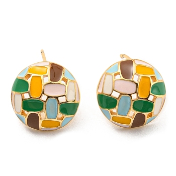 Real 18K Gold Plated Brass Flat Round Stud Earrings with Enamel, Cadmium Free & Lead Free, Long-Lasting Plated, Colorful, 13mm